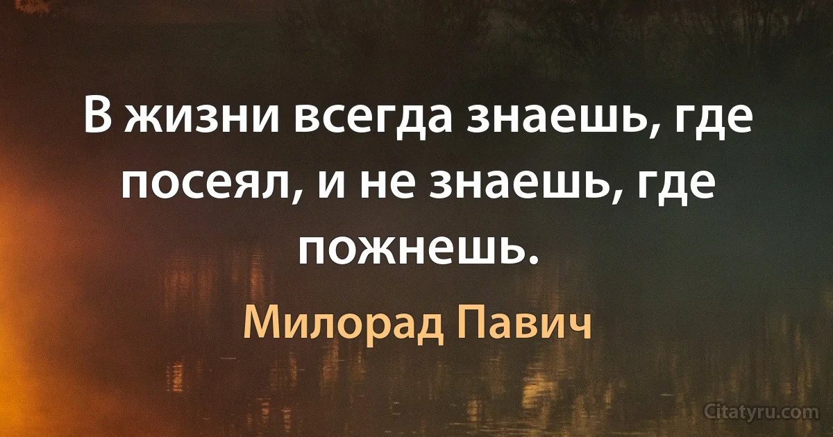 В жизни всегда знаешь, где посеял, и не знаешь, где пожнешь. (Милорад Павич)