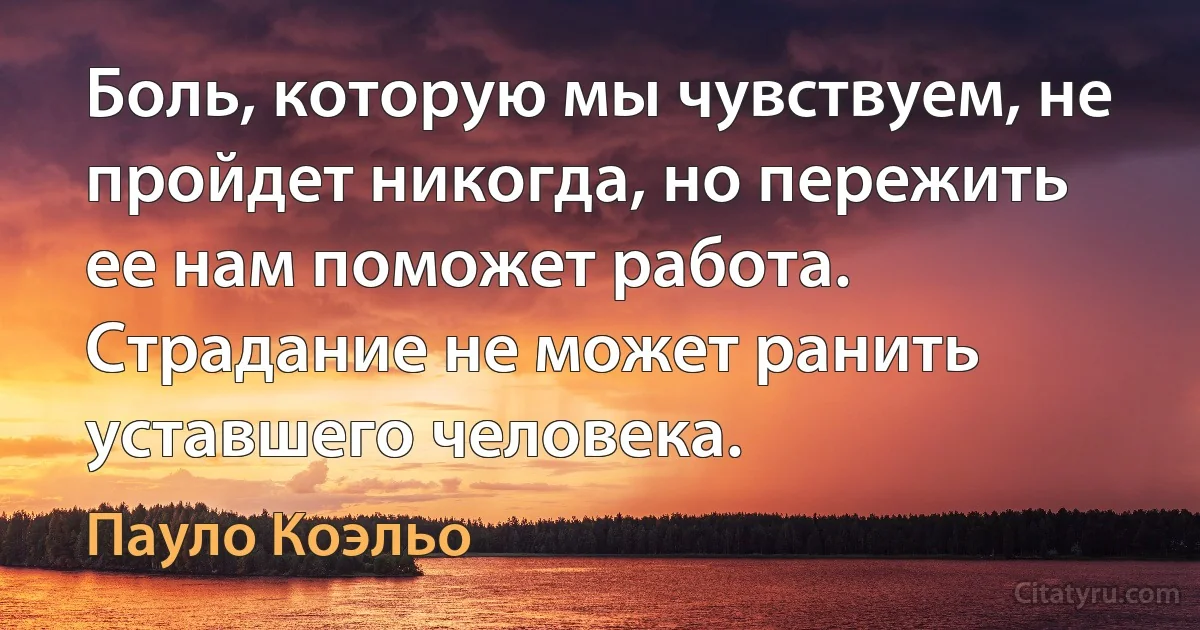 Боль, которую мы чувствуем, не пройдет никогда, но пережить ее нам поможет работа. Страдание не может ранить уставшего человека. (Пауло Коэльо)