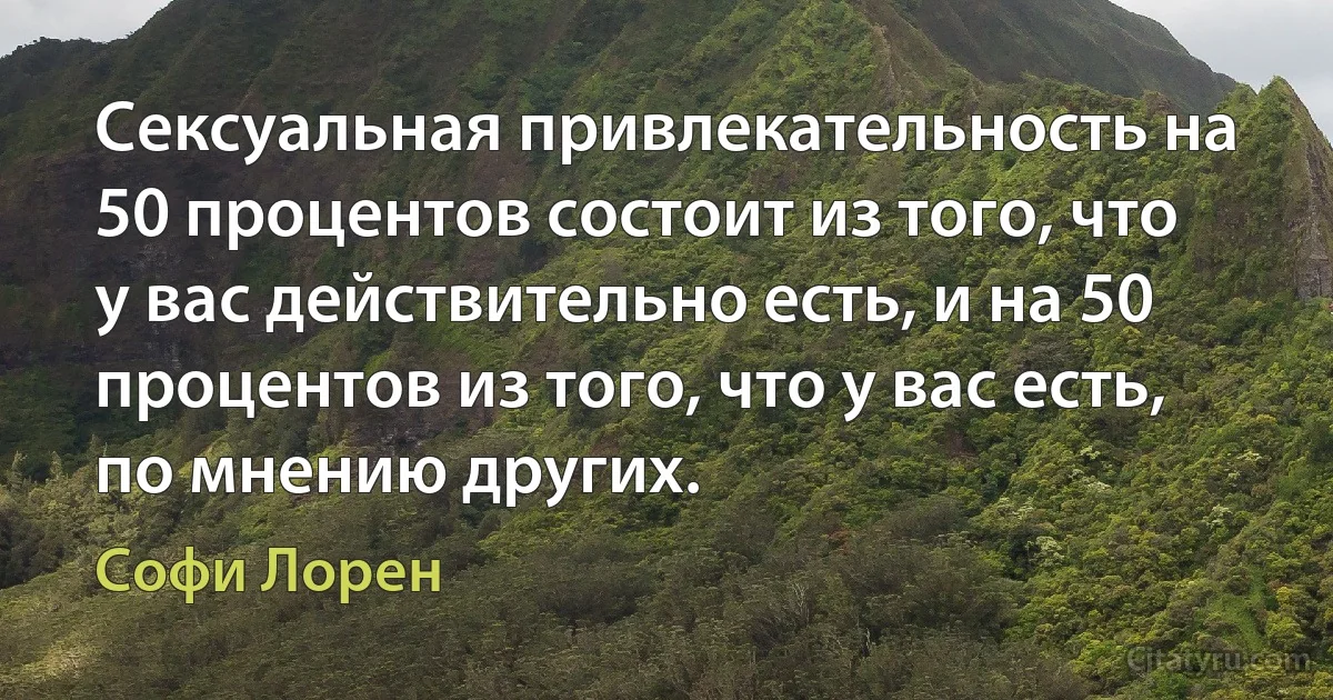 Сексуальная привлекательность на 50 процентов состоит из того, что у вас действительно есть, и на 50 процентов из того, что у вас есть, по мнению других. (Софи Лорен)