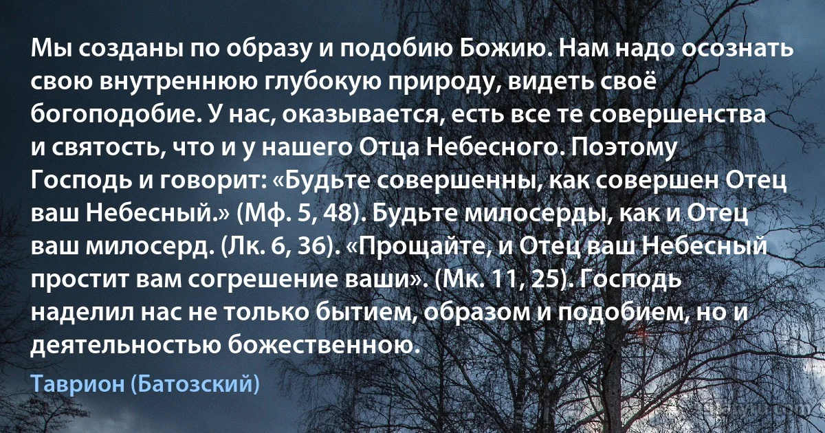 Мы созданы по образу и подобию Божию. Нам надо осознать свою внутреннюю глубокую природу, видеть своё богоподобие. У нас, оказывается, есть все те совершенства и святость, что и у нашего Отца Небесного. Поэтому Господь и говорит: «Будьте совершенны, как совершен Отец ваш Небесный.» (Мф. 5, 48). Будьте милосерды, как и Отец ваш милосерд. (Лк. 6, 36). «Прощайте, и Отец ваш Небесный простит вам согрешение ваши». (Мк. 11, 25). Господь наделил нас не только бытием, образом и подобием, но и деятельностью божественною. (Таврион (Батозский))