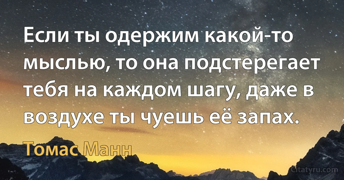 Если ты одержим какой-то мыслью, то она подстерегает тебя на каждом шагу, даже в воздухе ты чуешь её запах. (Томас Манн)