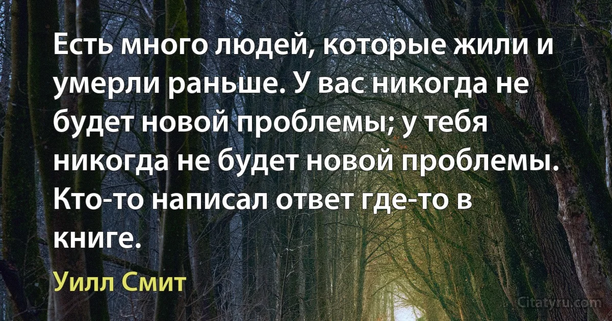 Есть много людей, которые жили и умерли раньше. У вас никогда не будет новой проблемы; у тебя никогда не будет новой проблемы. Кто-то написал ответ где-то в книге. (Уилл Смит)