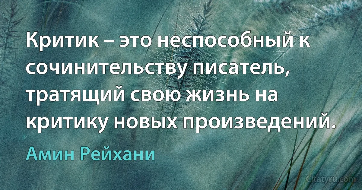 Критик – это неспособный к сочинительству писатель, тратящий свою жизнь на критику новых произведений. (Амин Рейхани)