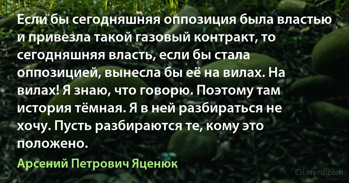 Если бы сегодняшняя оппозиция была властью и привезла такой газовый контракт, то сегодняшняя власть, если бы стала оппозицией, вынесла бы её на вилах. На вилах! Я знаю, что говорю. Поэтому там история тёмная. Я в ней разбираться не хочу. Пусть разбираются те, кому это положено. (Арсений Петрович Яценюк)