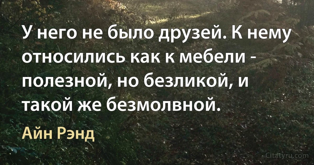 У него не было друзей. К нему относились как к мебели - полезной, но безликой, и такой же безмолвной. (Айн Рэнд)