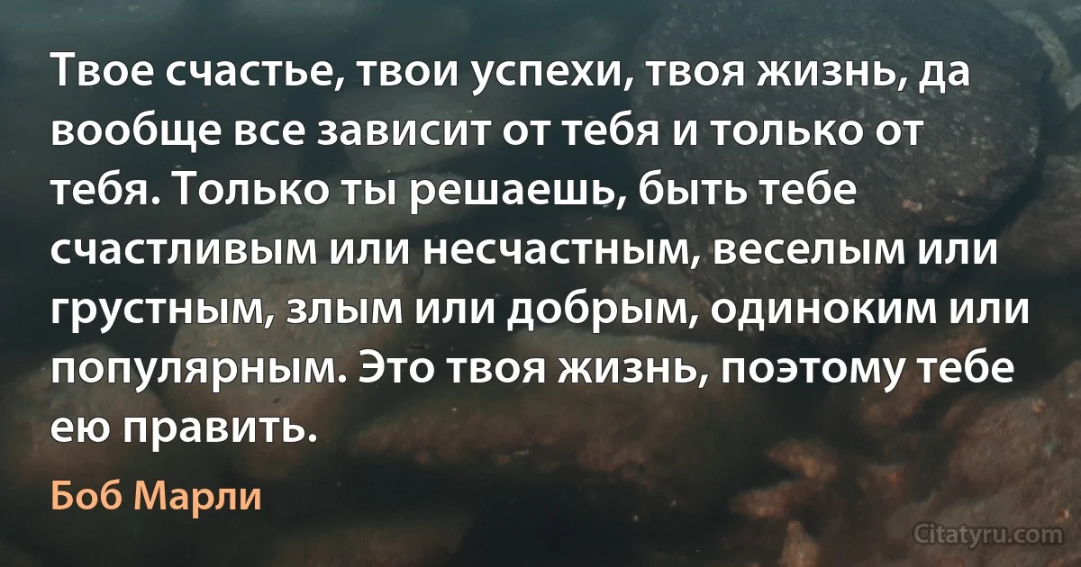 Твое счастье, твои успехи, твоя жизнь, да вообще все зависит от тебя и только от тебя. Только ты решаешь, быть тебе счастливым или несчастным, веселым или грустным, злым или добрым, одиноким или популярным. Это твоя жизнь, поэтому тебе ею править. (Боб Марли)