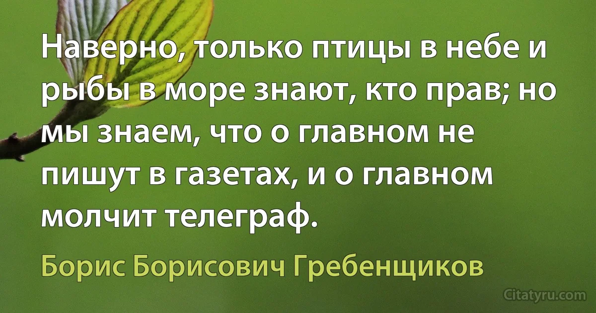 Наверно, только птицы в небе и рыбы в море знают, кто прав; но мы знаем, что о главном не пишут в газетах, и о главном молчит телеграф. (Борис Борисович Гребенщиков)