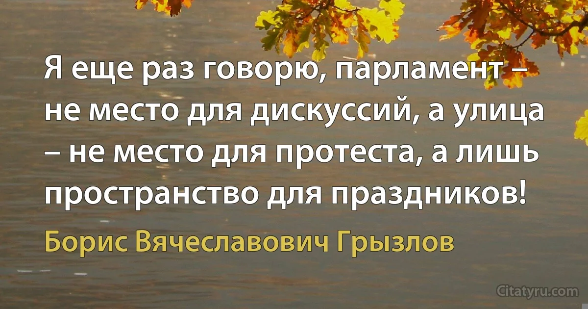 Я еще раз говорю, парламент – не место для дискуссий, а улица – не место для протеста, а лишь пространство для праздников! (Борис Вячеславович Грызлов)