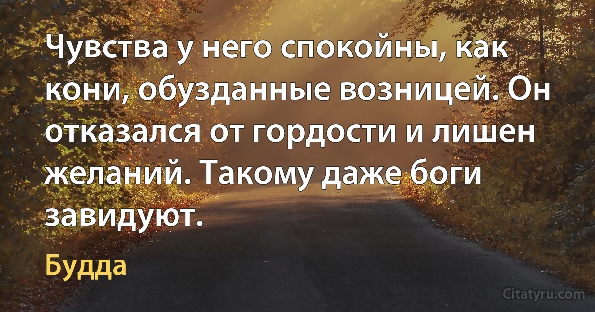 Чувства у него спокойны, как кони, обузданные возницей. Он отказался от гордости и лишен желаний. Такому даже боги завидуют. (Будда)