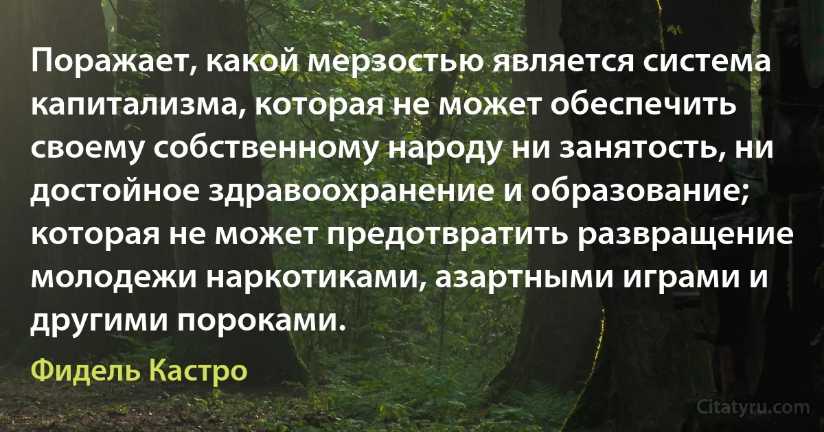 Поражает, какой мерзостью является система капитализма, которая не может обеспечить своему собственному народу ни занятость, ни достойное здравоохранение и образование; которая не может предотвратить развращение молодежи наркотиками, азартными играми и другими пороками. (Фидель Кастро)