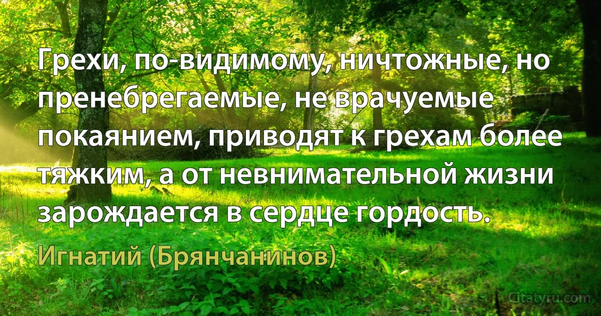 Грехи, по-видимому, ничтожные, но пренебрегаемые, не врачуемые покаянием, приводят к грехам более тяжким, а от невнимательной жизни зарождается в сердце гордость. (Игнатий (Брянчанинов))