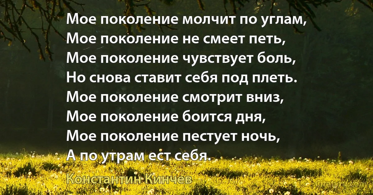 Мое поколение молчит по углам,
Мое поколение не смеет петь,
Мое поколение чувствует боль,
Но снова ставит себя под плеть.
Мое поколение смотрит вниз,
Мое поколение боится дня,
Мое поколение пестует ночь,
А по утрам ест себя. (Константин Кинчев)