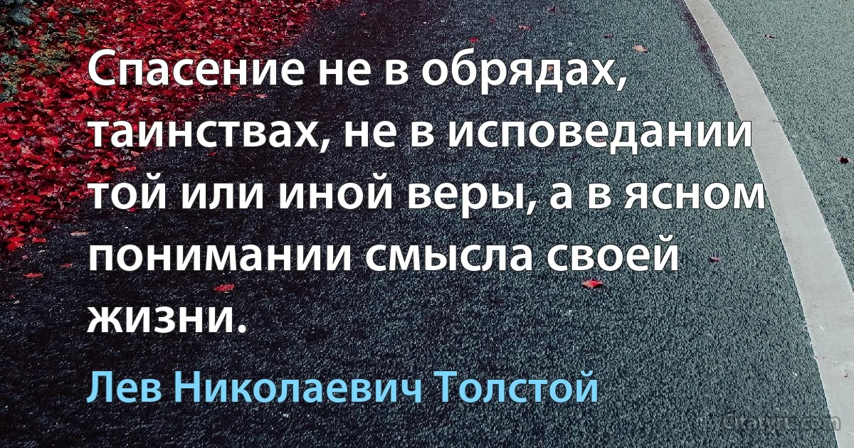 Спасение не в обрядах, таинствах, не в исповедании той или иной веры, а в ясном понимании смысла своей жизни. (Лев Николаевич Толстой)