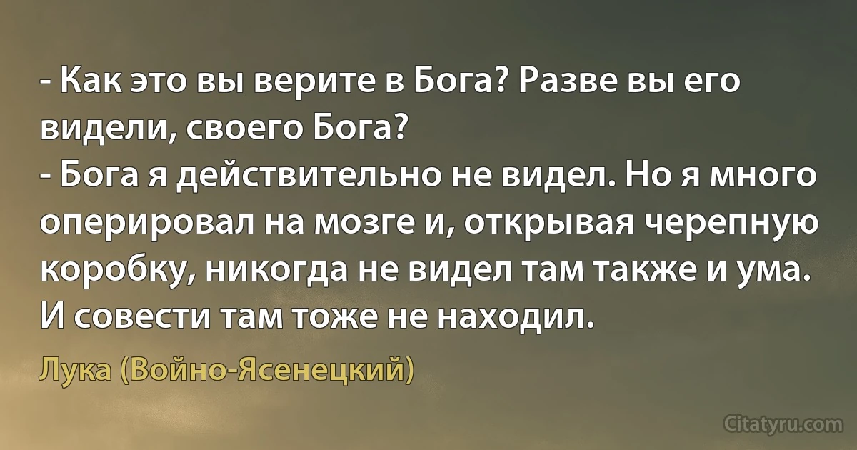 - Как это вы верите в Бога? Разве вы его видели, своего Бога?
- Бога я действительно не видел. Но я много оперировал на мозге и, открывая черепную коробку, никогда не видел там также и ума. И совести там тоже не находил. (Лука (Войно-Ясенецкий))