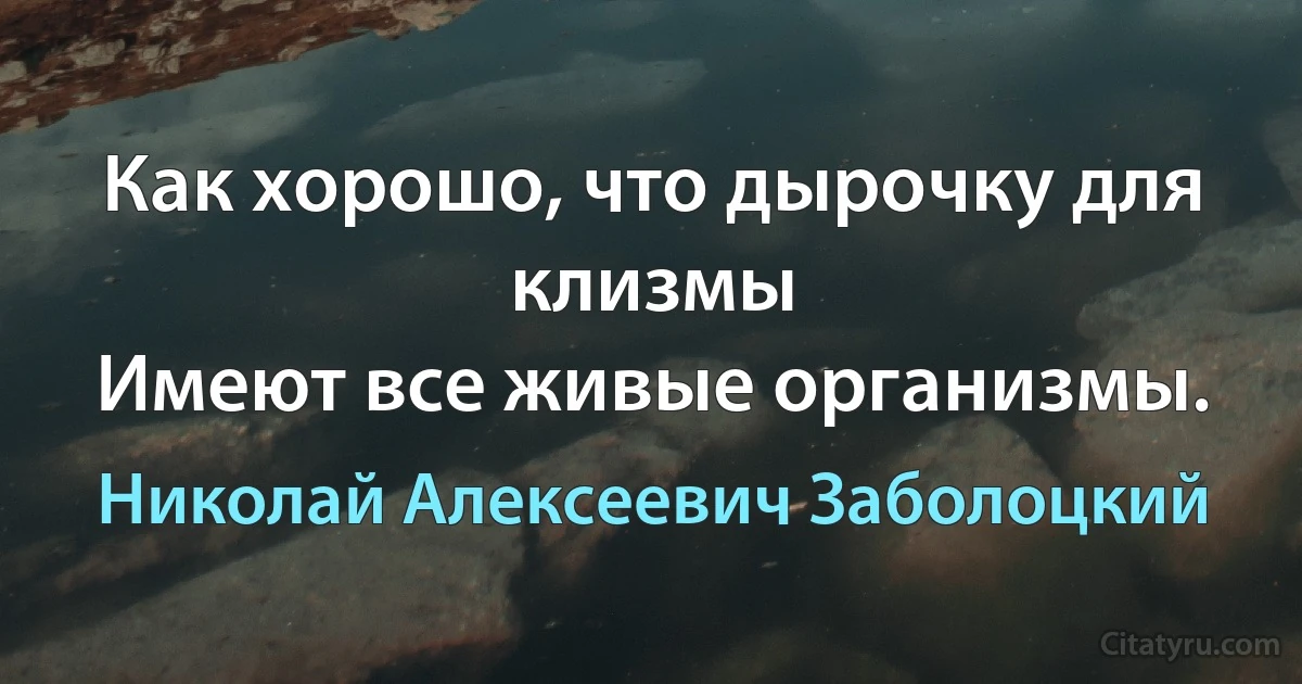 Как хорошо, что дырочку для клизмы
Имеют все живые организмы. (Николай Алексеевич Заболоцкий)