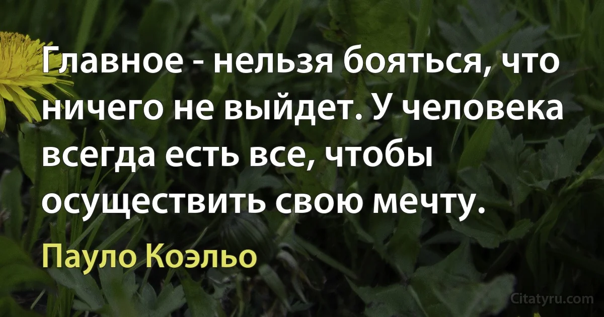 Главное - нельзя бояться, что ничего не выйдет. У человека всегда есть все, чтобы осуществить свою мечту. (Пауло Коэльо)