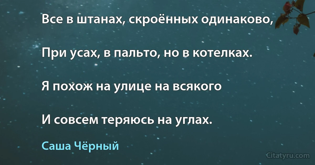 Все в штанах, скроённых одинаково,

При усах, в пальто, но в котелках.

Я похож на улице на всякого

И совсем теряюсь на углах. (Саша Чёрный)