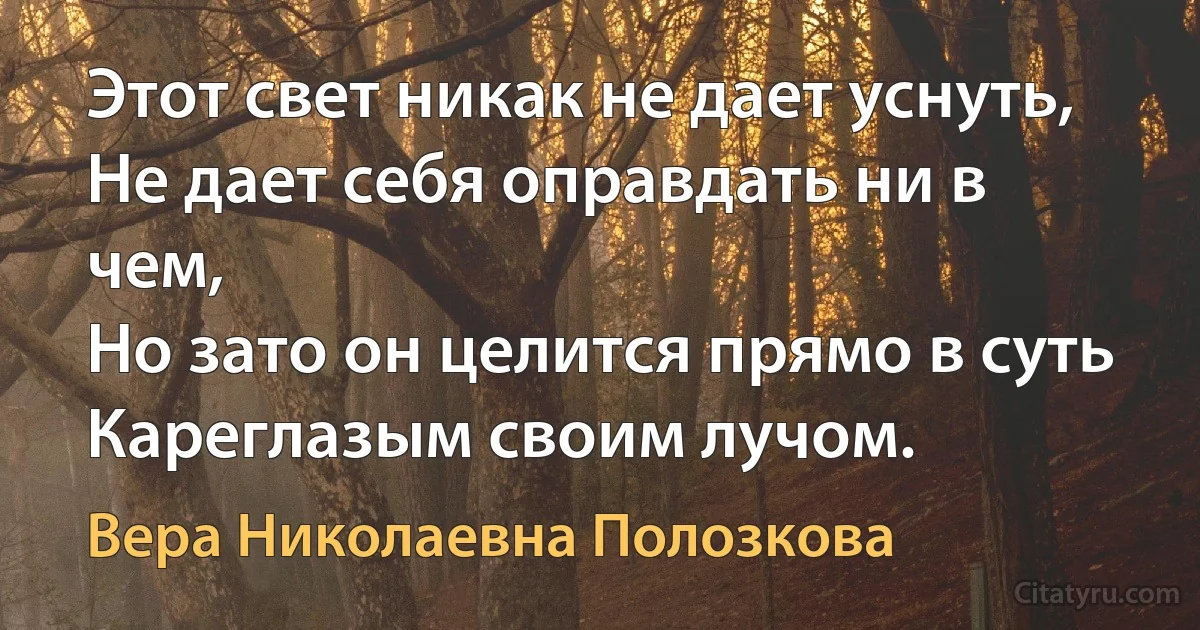 Этот свет никак не дает уснуть,
Не дает себя оправдать ни в чем,
Но зато он целится прямо в суть
Кареглазым своим лучом. (Вера Николаевна Полозкова)