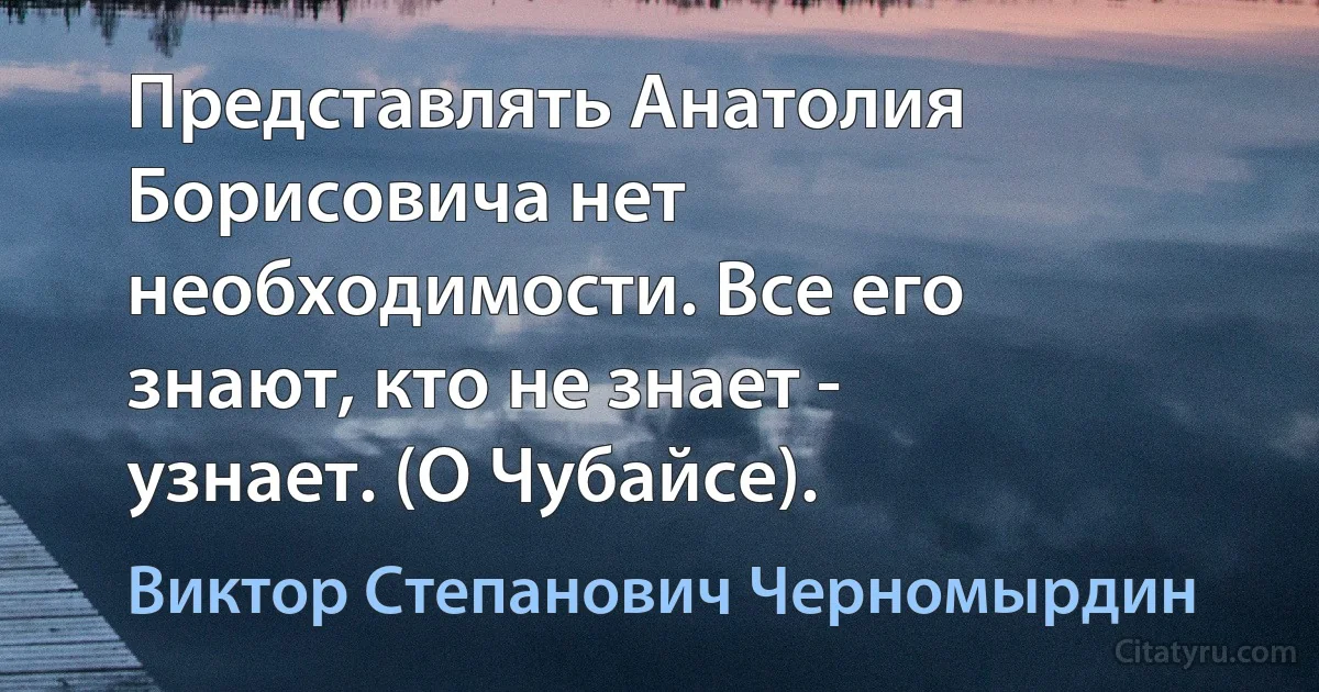 Представлять Анатолия Борисовича нет необходимости. Все его знают, кто не знает - узнает. (О Чубайсе). (Виктор Степанович Черномырдин)