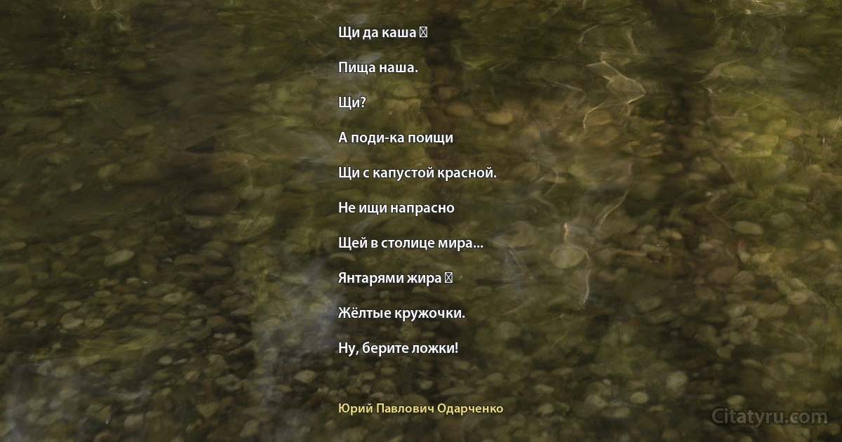 Щи да каша ―

Пища наша.

Щи?

А поди-ка поищи

Щи с капустой красной.

Не ищи напрасно

Щей в столице мира...

Янтарями жира ―

Жёлтые кружочки.

Ну, берите ложки! (Юрий Павлович Одарченко)