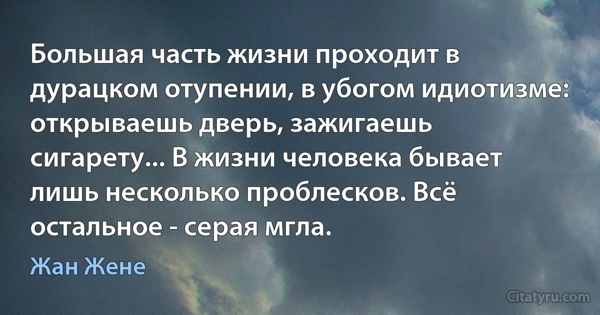 Большая часть жизни проходит в дурацком отупении, в убогом идиотизме: открываешь дверь, зажигаешь сигарету... В жизни человека бывает лишь несколько проблесков. Всё остальное - серая мгла. (Жан Жене)