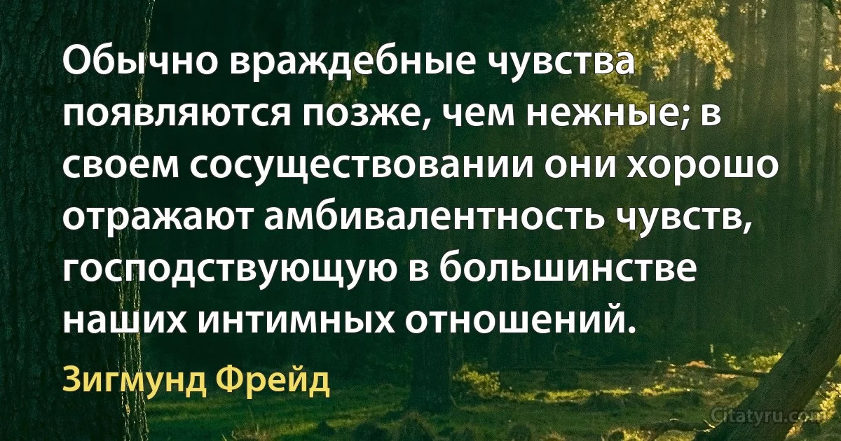 Обычно враждебные чувства появляются позже, чем нежные; в своем сосуществовании они хорошо отражают амбивалентность чувств, господствующую в большинстве наших интимных отношений. (Зигмунд Фрейд)