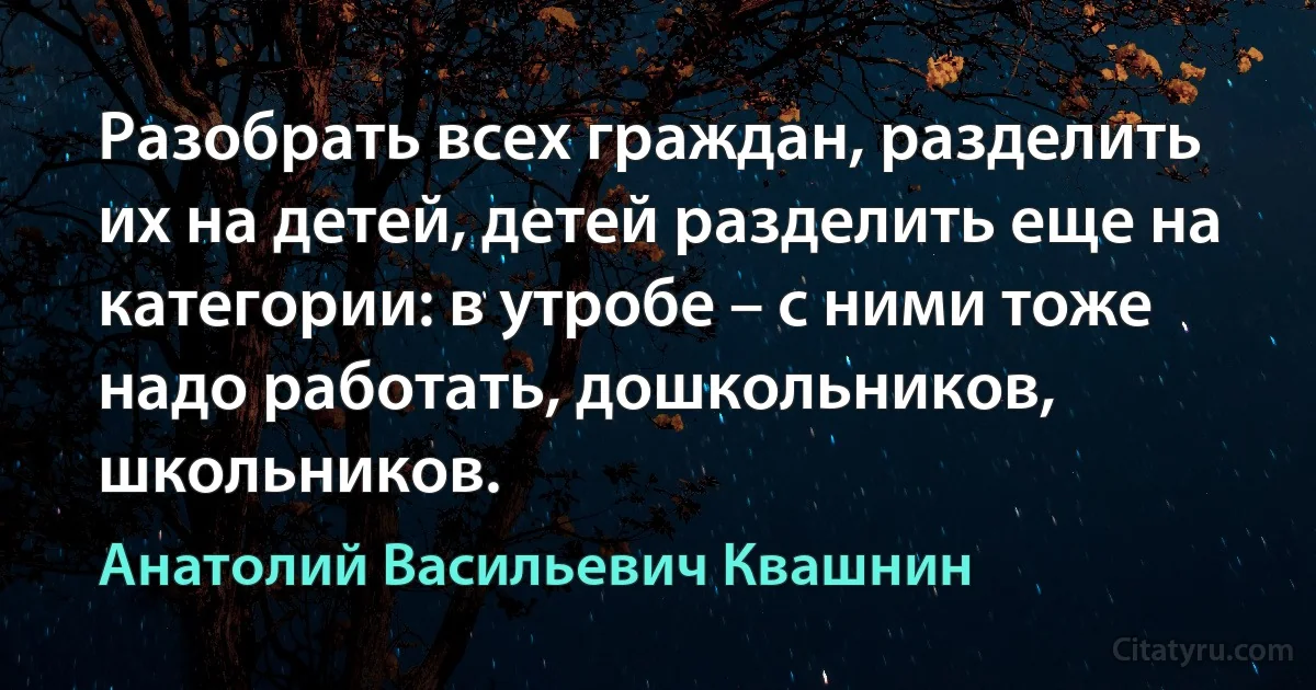 Разобрать всех граждан, разделить их на детей, детей разделить еще на категории: в утробе – с ними тоже надо работать, дошкольников, школьников. (Анатолий Васильевич Квашнин)