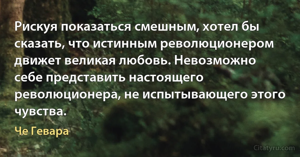 Рискуя показаться смешным, хотел бы сказать, что истинным революционером движет великая любовь. Невозможно себе представить настоящего революционера, не испытывающего этого чувства. (Че Гевара)