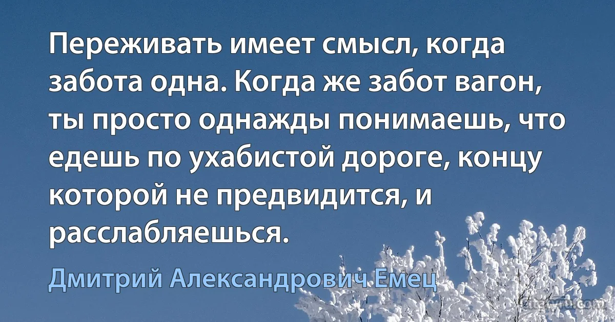 Переживать имеет смысл, когда забота одна. Когда же забот вагон, ты просто однажды понимаешь, что едешь по ухабистой дороге, концу которой не предвидится, и расслабляешься. (Дмитрий Александрович Емец)