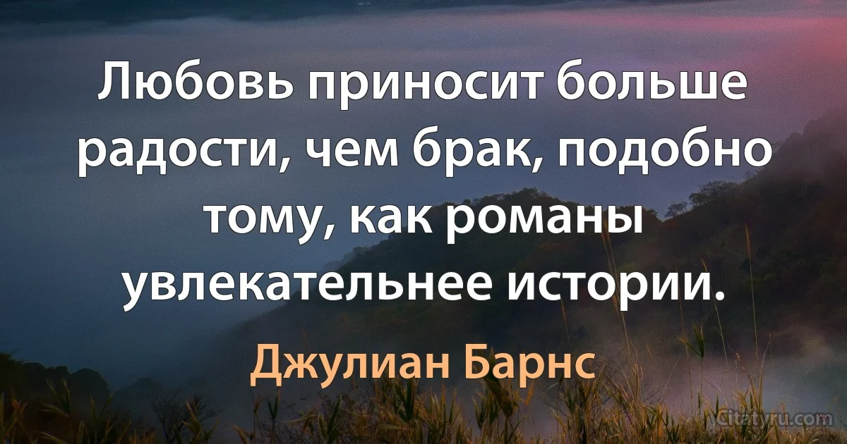 Любовь приносит больше радости, чем брак, подобно тому, как романы увлекательнее истории. (Джулиан Барнс)