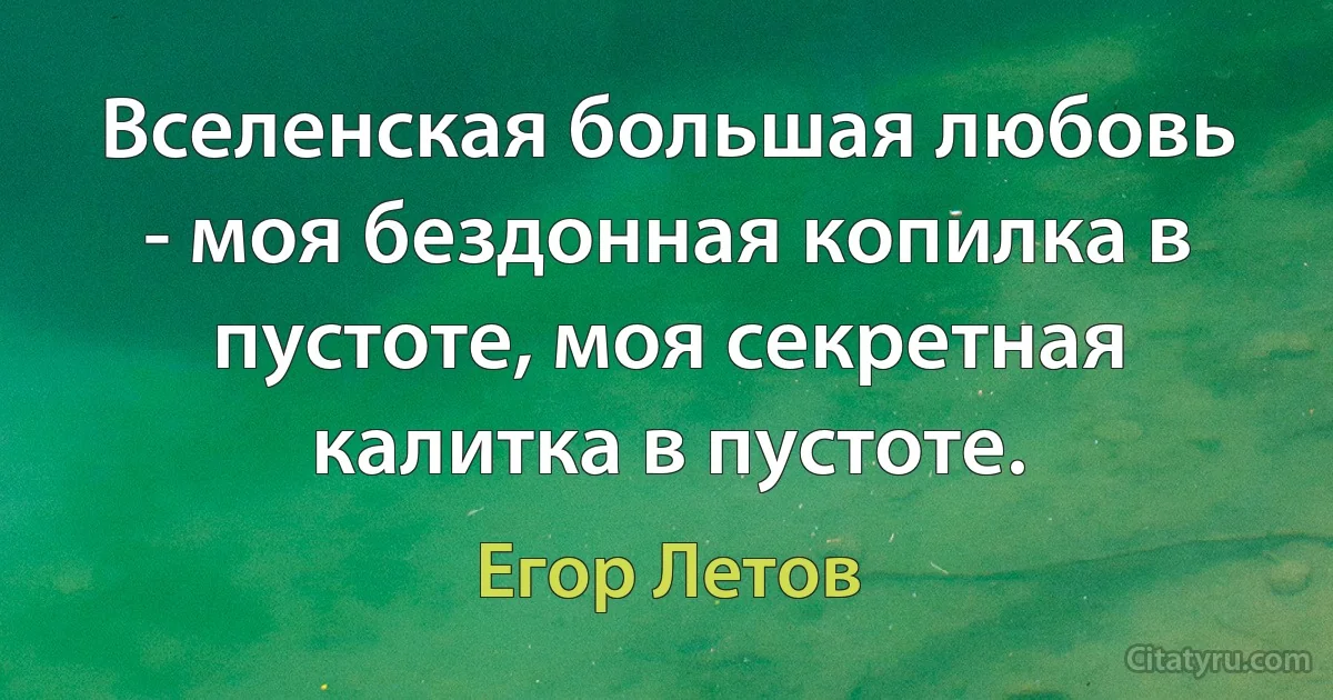 Вселенская большая любовь - моя бездонная копилка в пустоте, моя секретная калитка в пустоте. (Егор Летов)