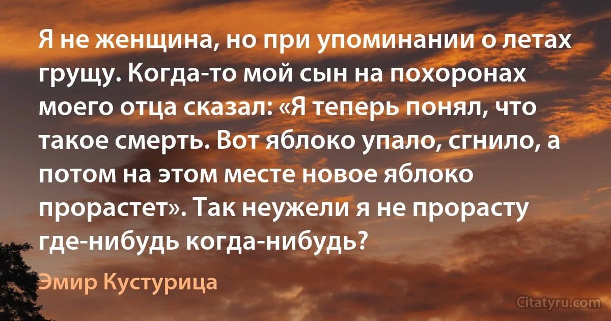 Я не женщина, но при упоминании о летах грущу. Когда-то мой сын на похоронах моего отца сказал: «Я теперь понял, что такое смерть. Вот яблоко упало, сгнило, а потом на этом месте новое яблоко прорастет». Так неужели я не прорасту где-нибудь когда-нибудь? (Эмир Кустурица)