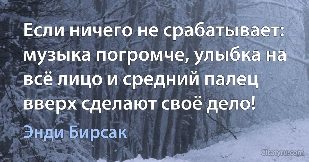 Если ничего не срабатывает: музыка погромче, улыбка на всё лицо и средний палец вверх сделают своё дело! (Энди Бирсак)