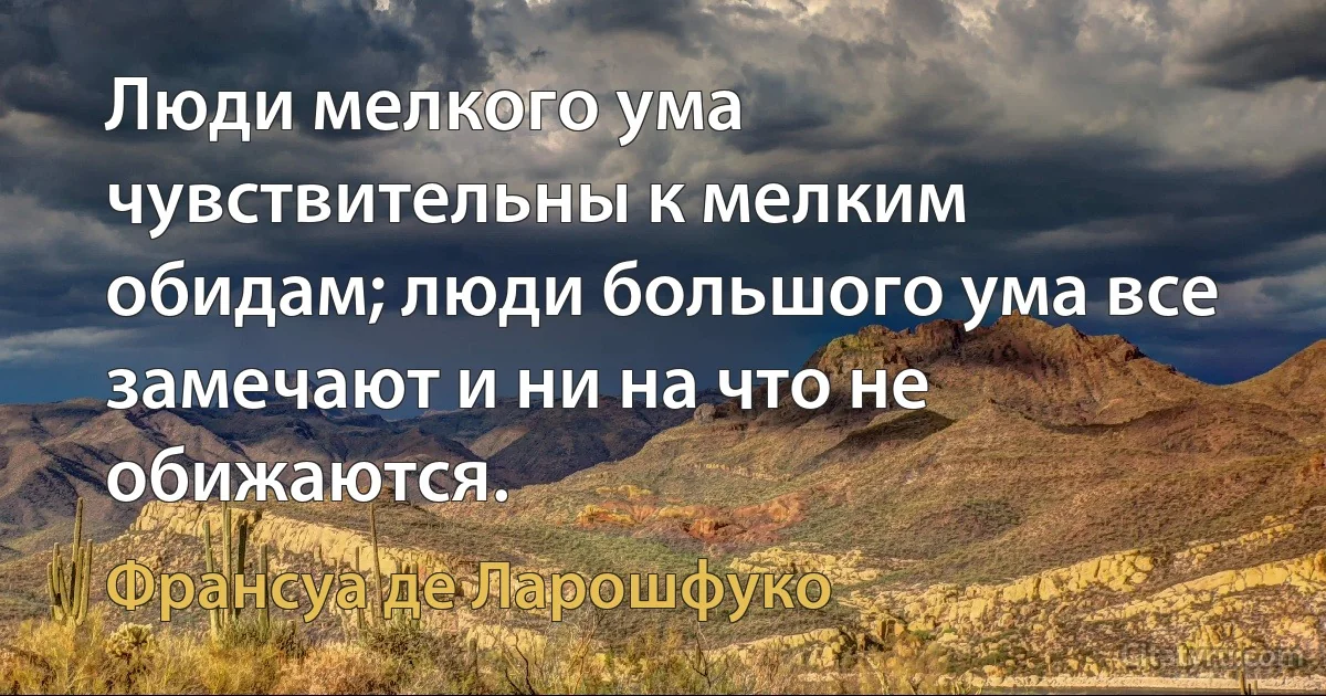 Люди мелкого ума чувствительны к мелким обидам; люди большого ума все замечают и ни на что не обижаются. (Франсуа де Ларошфуко)