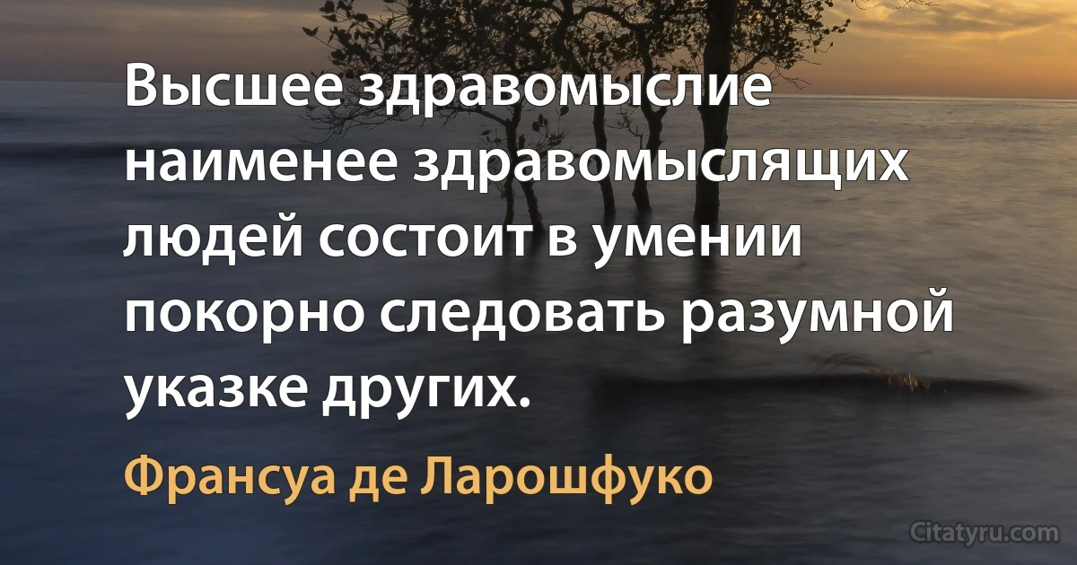 Высшее здравомыслие наименее здравомыслящих людей состоит в умении покорно следовать разумной указке других. (Франсуа де Ларошфуко)