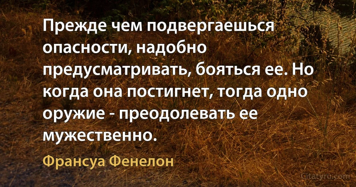 Прежде чем подвергаешься опасности, надобно предусматривать, бояться ее. Но когда она постигнет, тогда одно оружие - преодолевать ее мужественно. (Франсуа Фенелон)