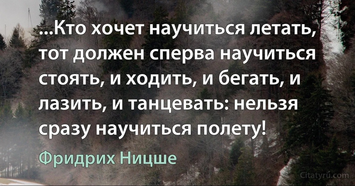 ...Кто хочет научиться летать, тот должен сперва научиться стоять, и ходить, и бегать, и лазить, и танцевать: нельзя сразу научиться полету! (Фридрих Ницше)