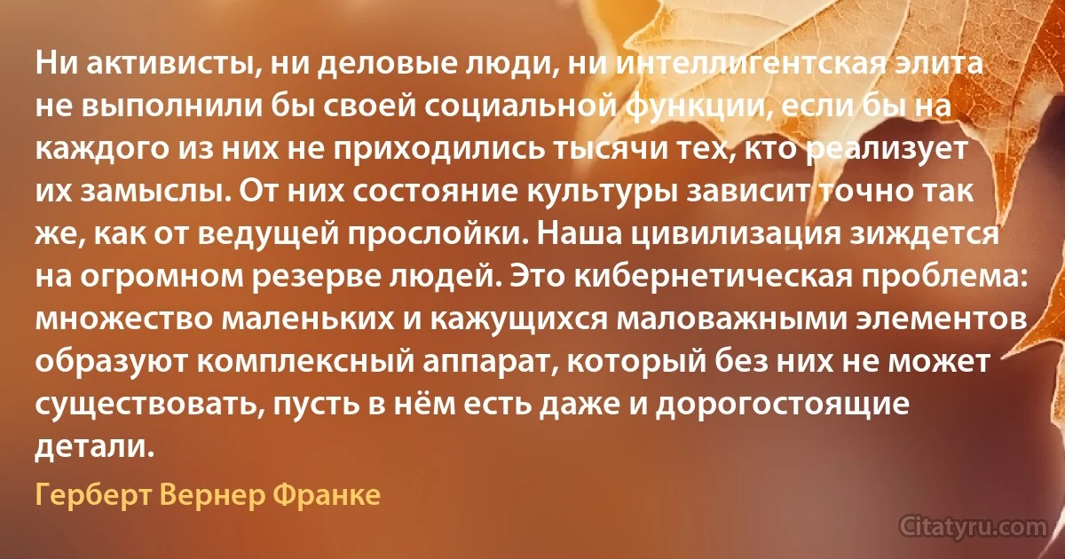 Ни активисты, ни деловые люди, ни интеллигентская элита не выполнили бы своей социальной функции, если бы на каждого из них не приходились тысячи тех, кто реализует их замыслы. От них состояние культуры зависит точно так же, как от ведущей прослойки. Наша цивилизация зиждется на огромном резерве людей. Это кибернетическая проблема: множество маленьких и кажущихся маловажными элементов образуют комплексный аппарат, который без них не может существовать, пусть в нём есть даже и дорогостоящие детали. (Герберт Вернер Франке)