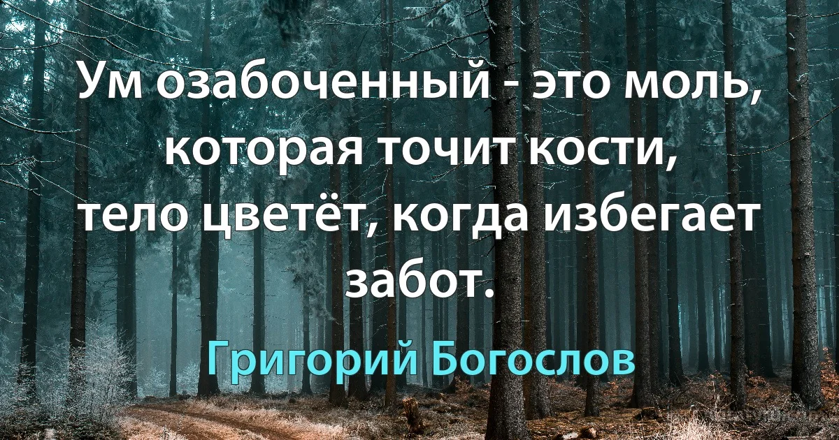 Ум озабоченный - это моль, которая точит кости,
тело цветёт, когда избегает забот. (Григорий Богослов)