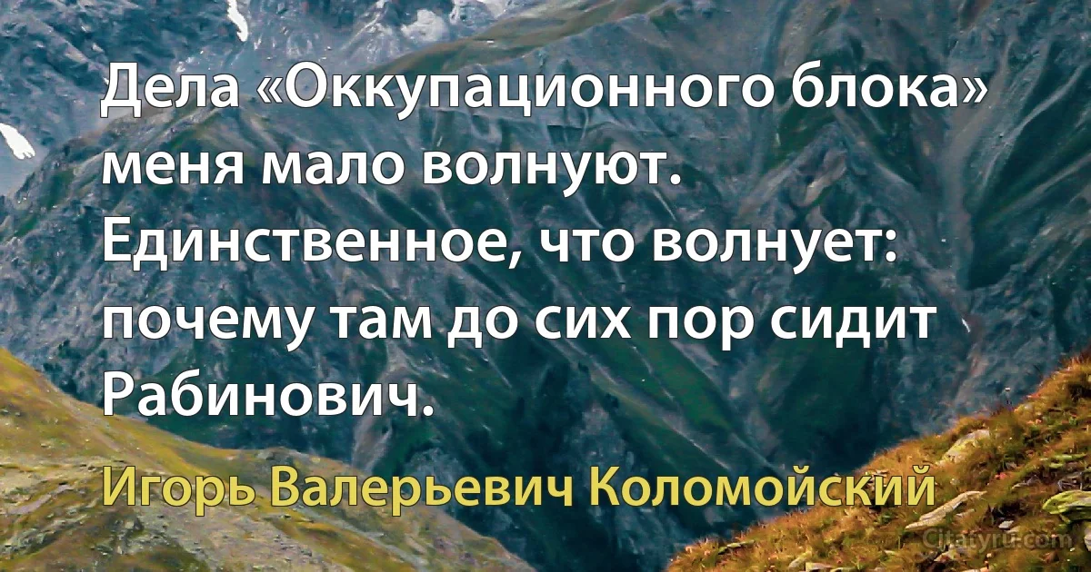 Дела «Оккупационного блока» меня мало волнуют. Единственное, что волнует: почему там до сих пор сидит Рабинович. (Игорь Валерьевич Коломойский)