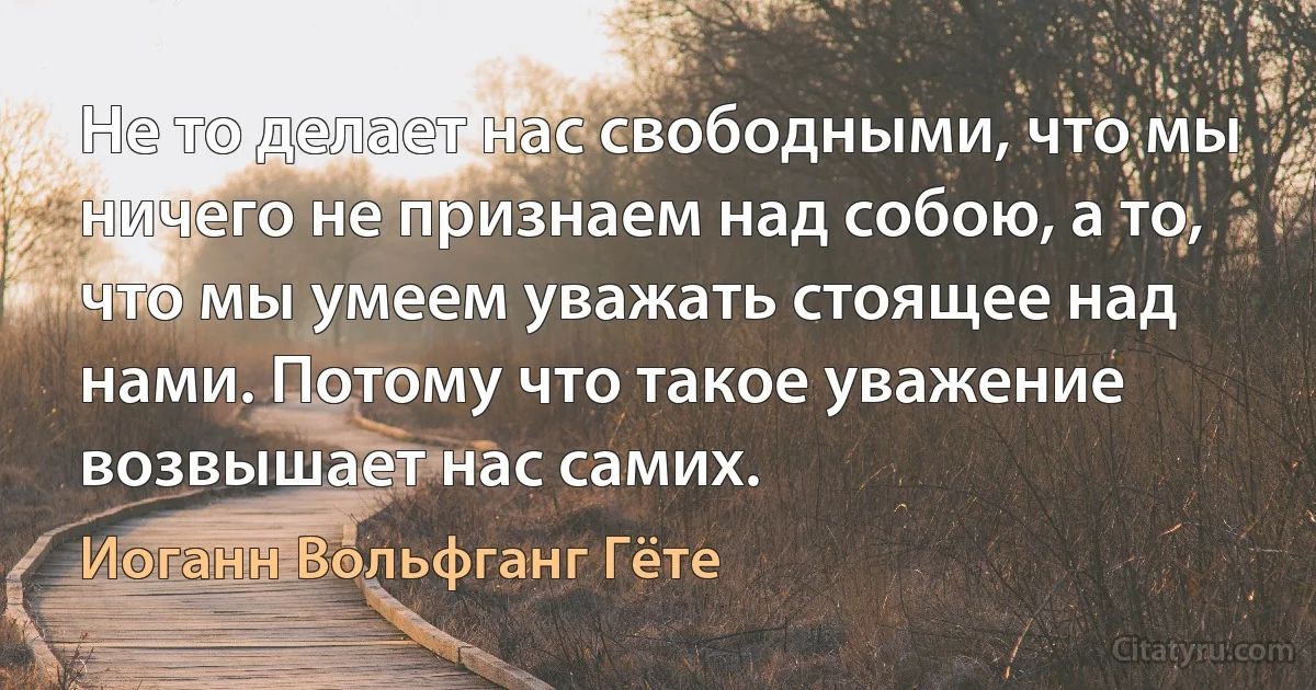 Не то делает нас свободными, что мы ничего не признаем над собою, а то, что мы умеем уважать стоящее над нами. Потому что такое уважение возвышает нас самих. (Иоганн Вольфганг Гёте)