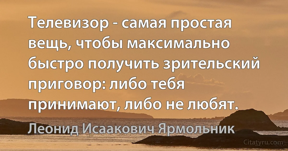 Телевизор - самая простая вещь, чтобы максимально быстро получить зрительский приговор: либо тебя принимают, либо не любят. (Леонид Исаакович Ярмольник)