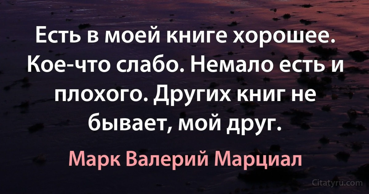 Есть в моей книге хорошее. Кое-что слабо. Немало есть и плохого. Других книг не бывает, мой друг. (Марк Валерий Марциал)