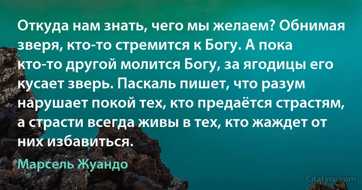 Откуда нам знать, чего мы желаем? Обнимая зверя, кто-то стремится к Богу. А пока кто-то другой молится Богу, за ягодицы его кусает зверь. Паскаль пишет, что разум нарушает покой тех, кто предаётся страстям, а страсти всегда живы в тех, кто жаждет от них избавиться. (Марсель Жуандо)