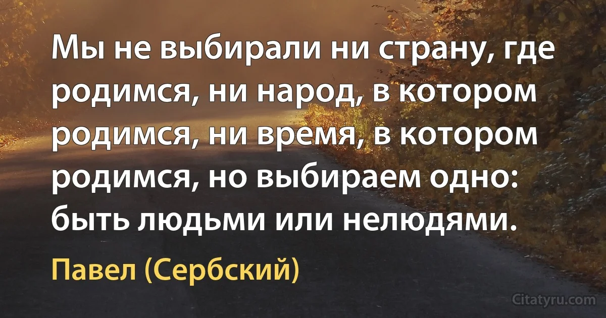 Мы не выбирали ни страну, где родимся, ни народ, в котором родимся, ни время, в котором родимся, но выбираем одно: быть людьми или нелюдями. (Павел (Сербский))