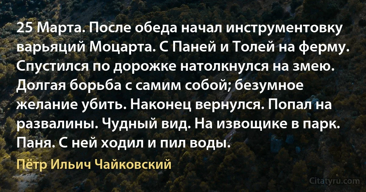 25 Марта. После обеда начал инструментовку варьяций Моцарта. С Паней и Толей на ферму. Спустился по дорожке натолкнулся на змею. Долгая борьба с самим собой; безумное желание убить. Наконец вернулся. Попал на развалины. Чудный вид. На извощике в парк. Паня. С ней ходил и пил воды. (Пётр Ильич Чайковский)