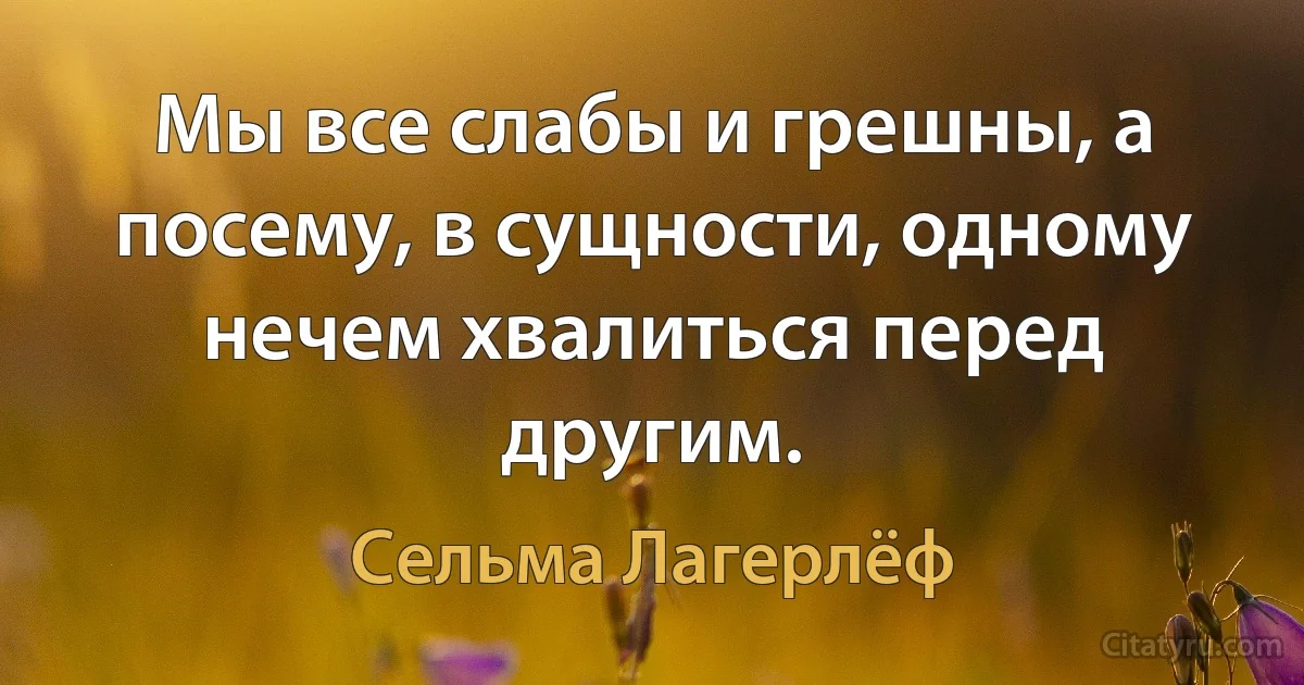 Мы все слабы и грешны, а посему, в сущности, одному нечем хвалиться перед другим. (Сельма Лагерлёф)