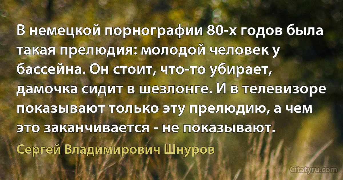 В немецкой порнографии 80-х годов была такая прелюдия: молодой человек у бассейна. Он стоит, что-то убирает, дамочка сидит в шезлонге. И в телевизоре показывают только эту прелюдию, а чем это заканчивается - не показывают. (Сергей Владимирович Шнуров)