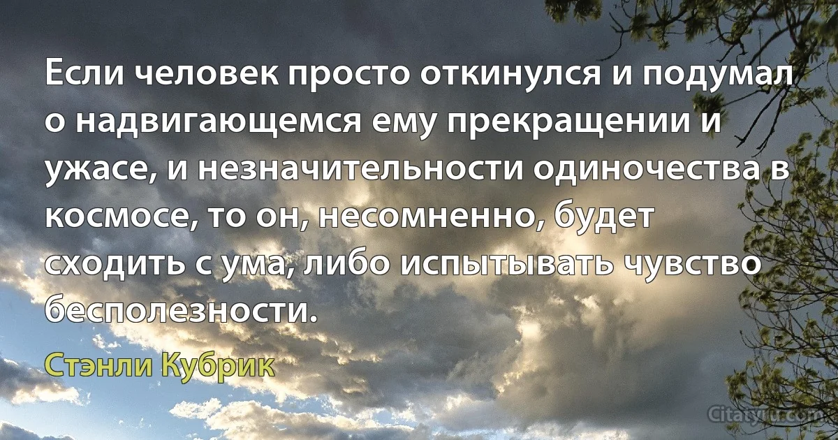 Если человек просто откинулся и подумал о надвигающемся ему прекращении и ужасе, и незначительности одиночества в космосе, то он, несомненно, будет сходить с ума, либо испытывать чувство бесполезности. (Стэнли Кубрик)