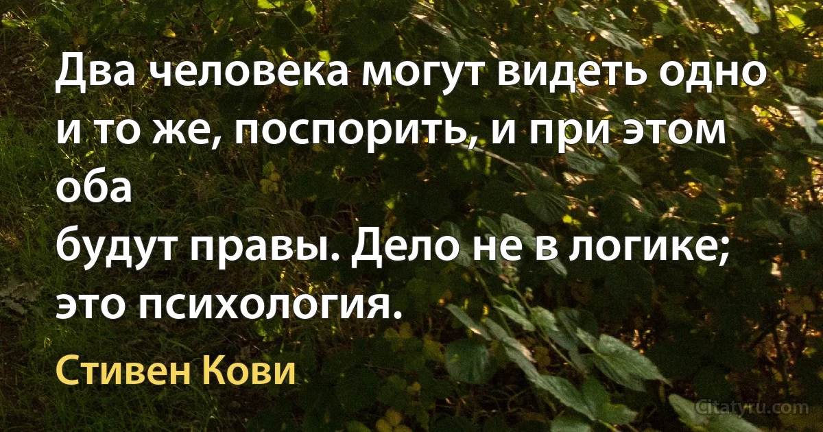 Два человека могут видеть одно и то же, поспорить, и при этом оба
будут правы. Дело не в логике; это психология. (Стивен Кови)